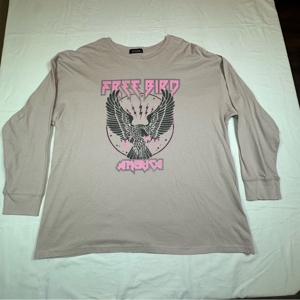Free Bird Graphic Long Sleeve Tee Tan/Pink small/medium Made In USA NWOT